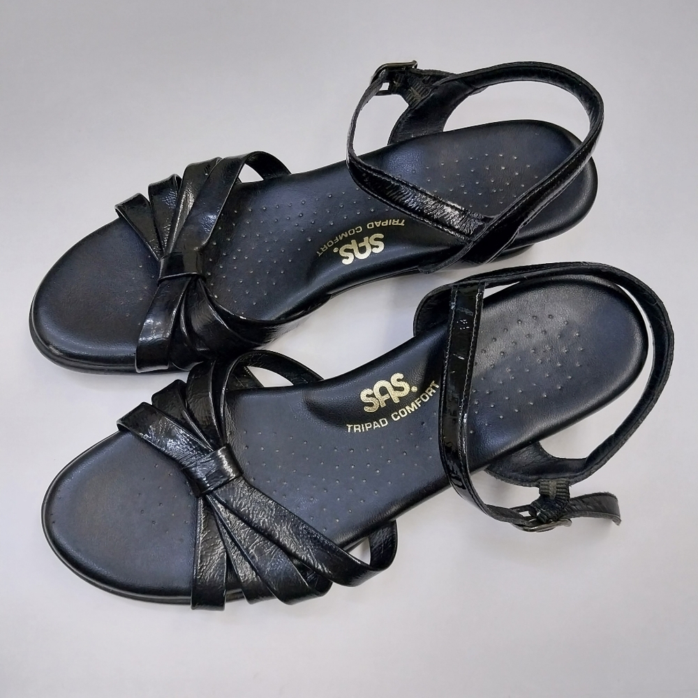 SAS Black Patent Leather Strippy Quarter Strap Wedge Sandals 7 Narrow
